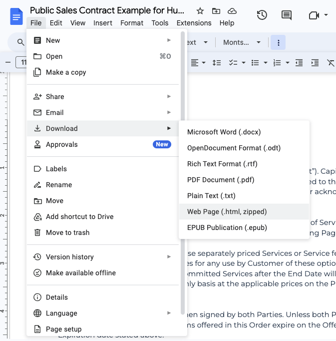 Contract Template on Google Sheet download as HTML