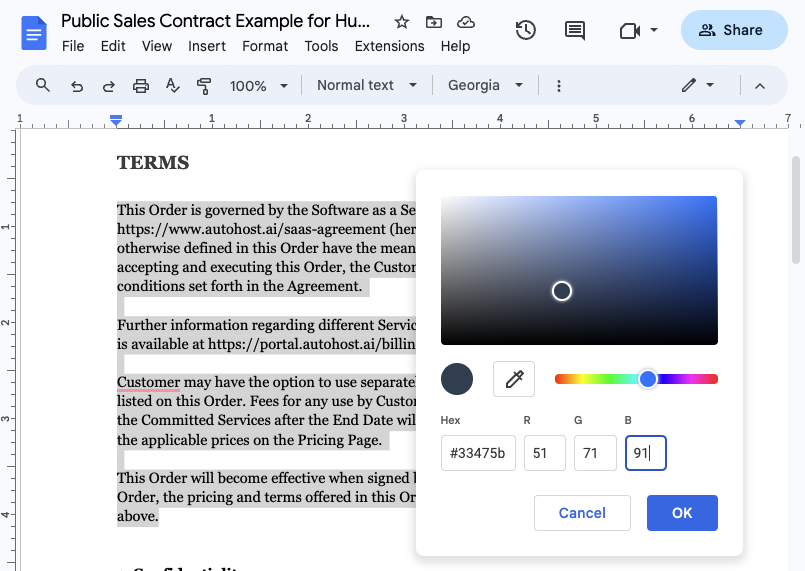 Contract Template on Google Sheet edit font color