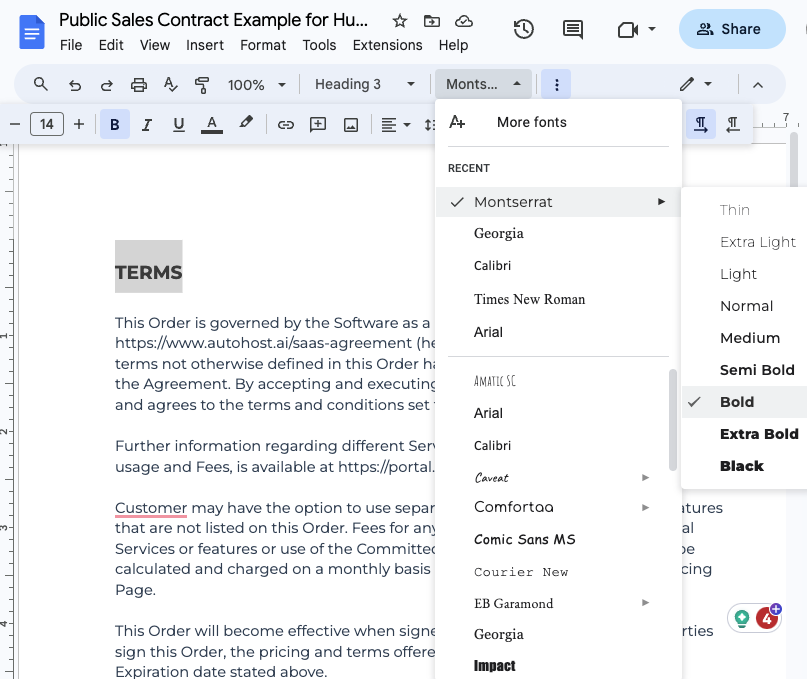 Contract Template on Google Sheet edit font type